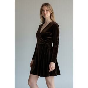 Vintage Y2K Brown Velvet Wrap Mini Dress M/L Stretch Long Sleeve Whimsy Stretch